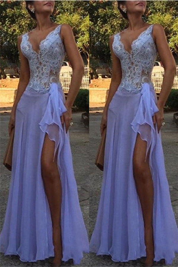Chic See Through V-Neck Evening Dresses A-Line Sleeveless Lace Ball Dress-Ballbella