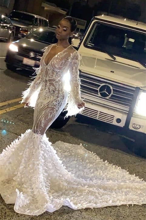 Ballbella offers Chic See-through V-neck Long Sleevess Mermaid Prom Party Gowns with Luxurious Train at price $399. Get this white sparkle dress to be the prom queen.