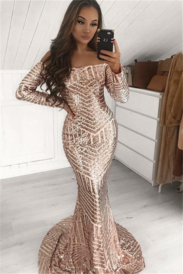 Shop Chic Sequins Off-The-Shoulder Long-Sleeves Mermaid Prom Dresses at Ballbella.com today,  extra free coupons available for sexy mermaid prom dresses collection,  you will never wanna miss it.