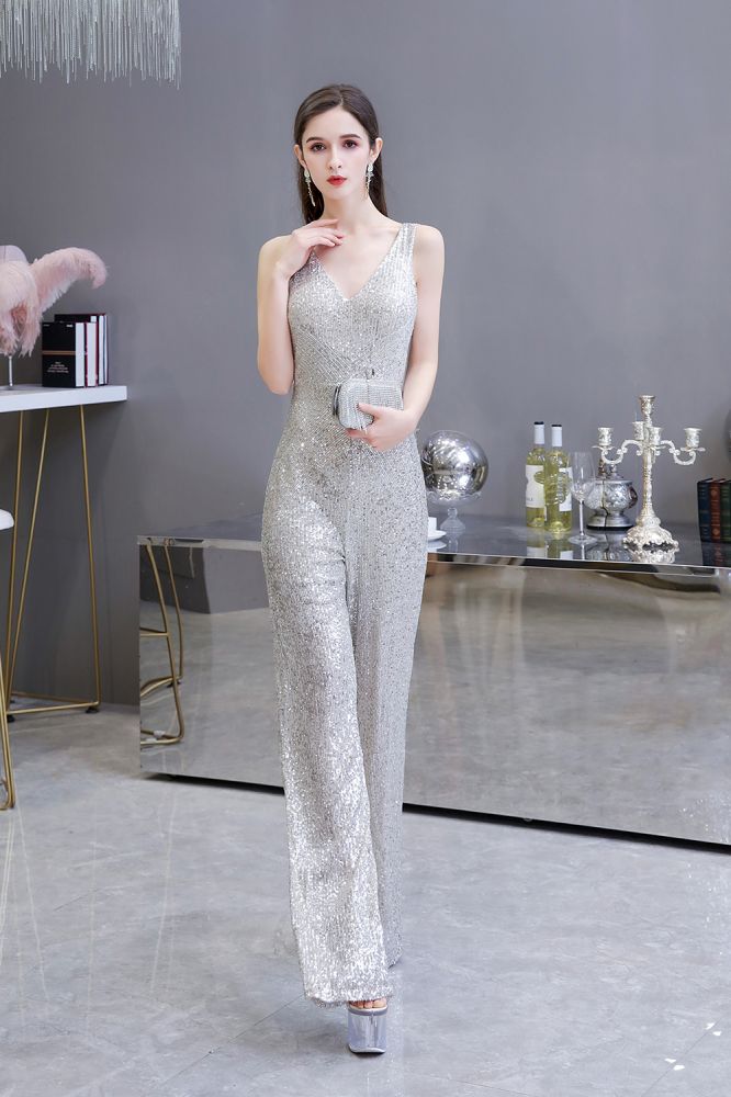 Chic Shining V-neck Silver Sequin Sleeveless Prom Jumpsuit-Ballbella
