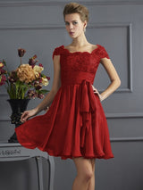 Chic Short Sleeves Lace Short Chiffon Bridesmaid Dresses-Ballbella