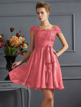Chic Short Sleeves Lace Short Chiffon Bridesmaid Dresses-Ballbella