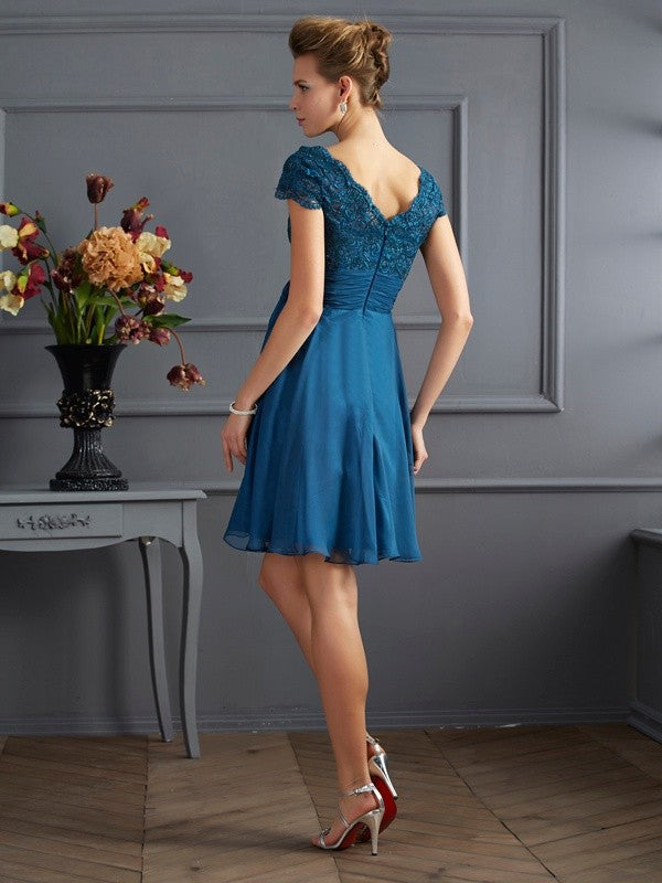 A-Line Charming Scoop Short Sleeves Lace Short Chiffon Bridesmaid Dresses