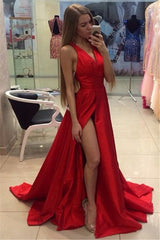 Chic Side Slit Prom Dresses V-neck Stretch Satin Evening Gowns-Ballbella