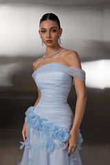 Chic Sky Blue Off-The-Shoulder Tulle A-Line Prom Dress Long With Flower Pleats-Ballbella