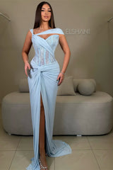 Chic Sky Blue Sweetheart Asymmetrical Sleeveless Lace Prom Dresses Mermaid With High Split-Ballbella