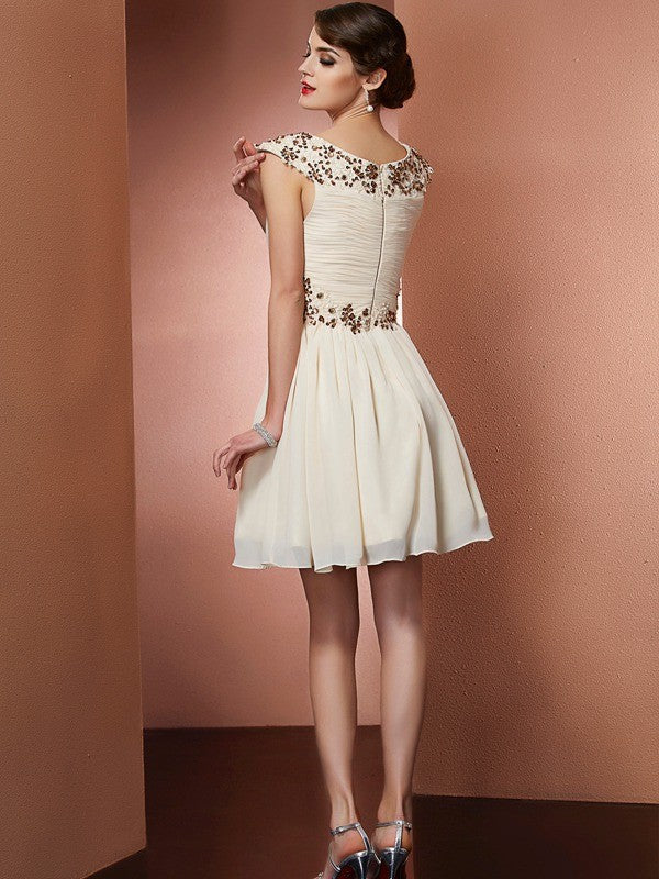 A-Line Charming Scoop Sleeveless Beading Applique Short Chiffon Bridesmaid Dresses