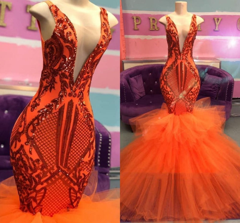 Ballbella offers free shipping on return on Chic Sleeveless Deep V-neck Tulle Puffy Train Orange Prom Dress. Try this African Ameircan popular prom dresses for New Arrival.
