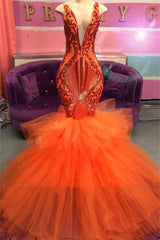 Chic Sleeveless Deep V-neck Tulle Puffy Train Orange Prom Party Gowns-Ballbella