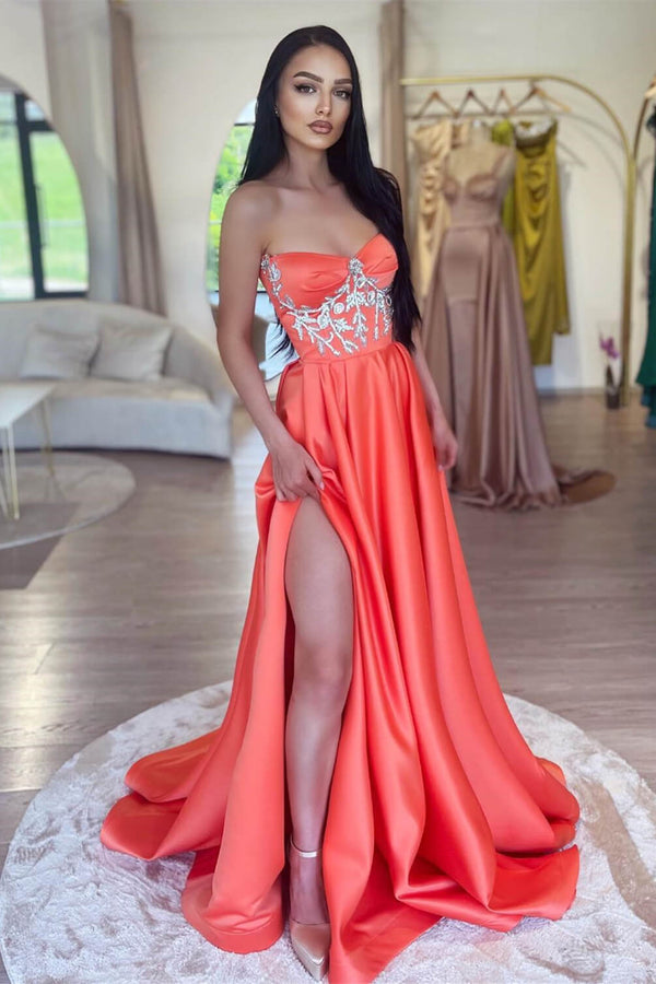 Chic Sleeveless Orange A-Line Prom Dress Slit Long With Beads-Ballbella