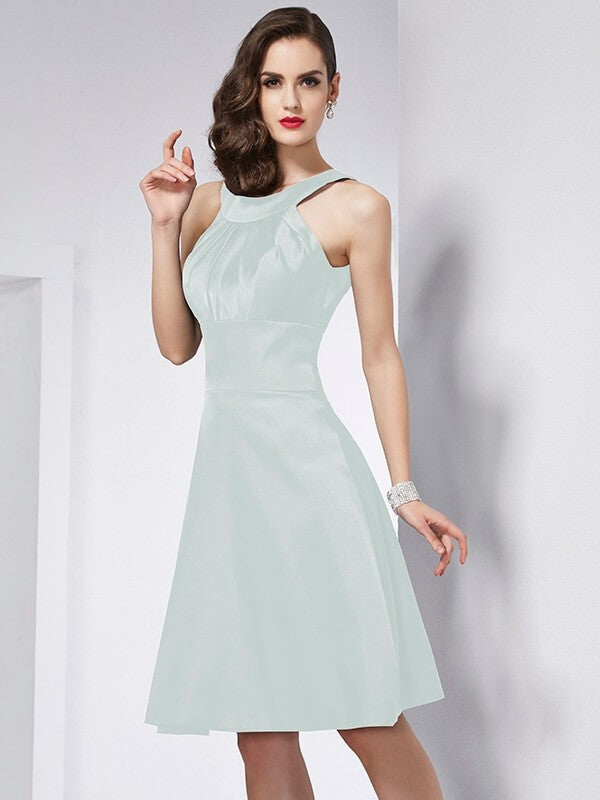 A-Line Charming Scoop Sleeveless Pleats Short Elastic Woven Satin Bridesmaid Dresses