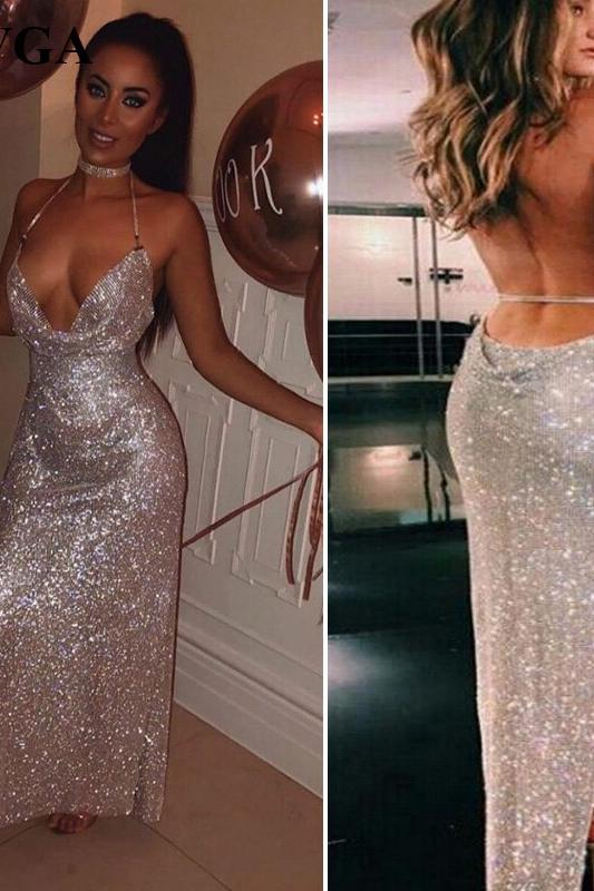 Chic Slit Backless Sparkle Evening Dresses Silver Sequins Halter V-neck Open Back Formal Dress-Ballbella