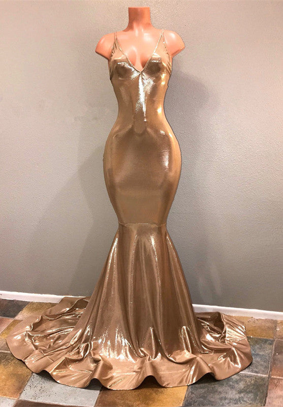Ballbella offers Slim  Chic Spaghetti Strap Gold Prom Dress,  Sleeveless Prom Party Gowns at a good price from Stretch Satin to Mermaid Floor-length hem. Gorgeous yet affordable Sleeveless Prom Dresses, Evening Dresses.
