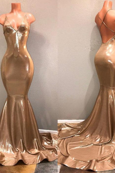 Chic Spaghetti Strap Gold Prom Dress, Sleeveless Prom Party Gowns