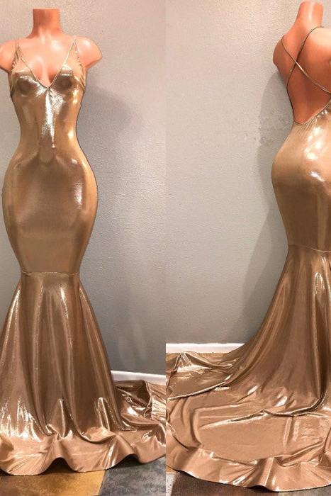 Chic Spaghetti Strap Gold Prom Dress, Sleeveless Prom Party Gowns Chic Spaghetti Strap Gold Prom Dress, Sleeveless Prom Party Gowns