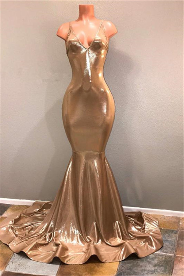 Chic Spaghetti Strap Gold Prom Dress, Sleeveless Prom Party Gowns-Ballbella