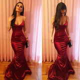 Ballbella offers Chic Spaghetti Strap Sleeveless Red Trumpet Prom Party Gowns at a cheap price from Stretch Satin to Mermaid hem.. Affordable in high quality at factory price,  saving your money and making you shinning at your party.