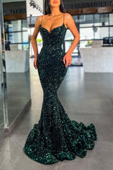 Chic Spaghetti-Straps Green Sequins Prom Dress Mermaid Long Party Gowns-Ballbella