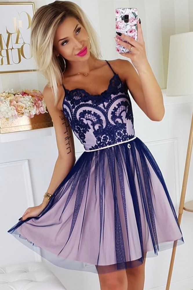 Find your dream cheap Spaghetti Straps Lace Homecoming Dress Sleeveless Short Grape Homecoming Dress at Ballbella,  30 colors & all sizes available,  free delivery worldwide.