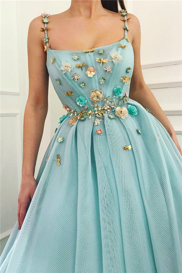 Discover your Chic beading flowers long prom dresses at Ballbella,  making you look glam in the prom party, Chic Spaghetti Straps Sleeveless Long Prom Party Gowns| A Line Beading Flowers Prom Party Gowns available in full size range.