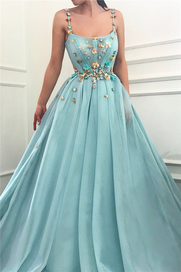 Discover your Chic beading flowers long prom dresses at Ballbella,  making you look glam in the prom party, Chic Spaghetti Straps Sleeveless Long Prom Party Gowns| A Line Beading Flowers Prom Party Gowns available in full size range.