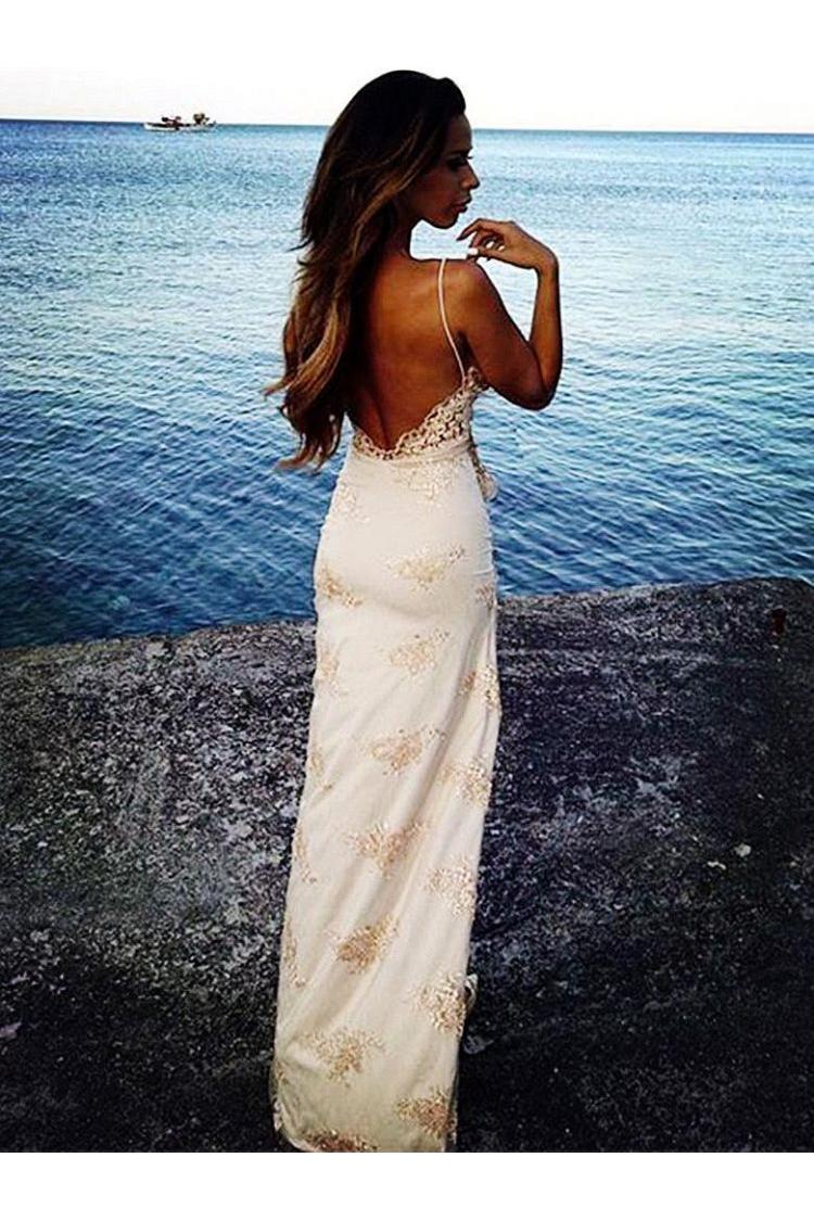 Chic Spaghetti Straps Split Evening Dresses Lace Sheath Summer Party Dress for Beach-Ballbella