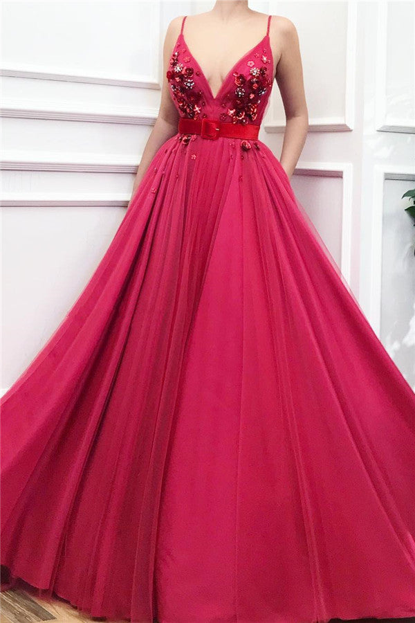 Looking for a Chic and unique prom dress? Ballbella custom made you multiple affordable Chic Spaghetti Straps V-neck Burgundy Prom Party Gowns| Tulle Flower Beading Long Prom Party Gowns with Sash with 30 colors.