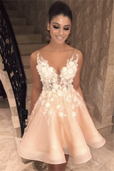 Take a look at Chic Spaghetti Straps V-neck Homecoming Dress Chic Appliques Flowers Short Homecoming Dress at Ballbella,  you will be surprised by the delicate design and service. Extra free coupons,  come and get today.