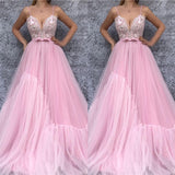 Discover your cheap lace bodice pink long prom dresses at Ballbella,  making you look glam in the prom party,  Chic Spaghetti Straps V-neck Pink Prom Party Gowns| Chic Lace Bodice Long Prom Party Gowns with Sash available in full size range.