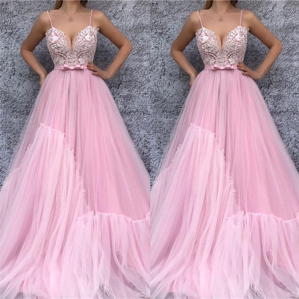 Discover your cheap lace bodice pink long prom dresses at Ballbella,  making you look glam in the prom party,  Chic Spaghetti Straps V-neck Pink Prom Party Gowns| Chic Lace Bodice Long Prom Party Gowns with Sash available in full size range.