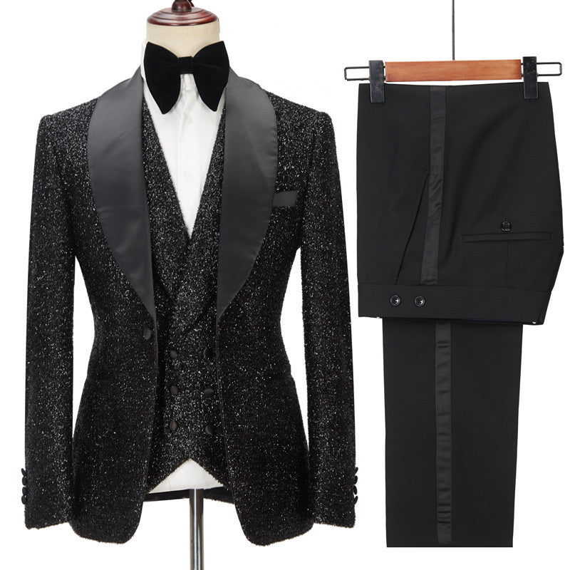 Chic Sparkly Black Three Pieces Shawl Lapel Bespoke Wedding Suit for Men-Ballbella