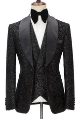 Chic Sparkly Black Three Pieces Shawl Lapel Bespoke Wedding Suit for Men