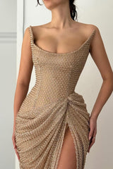 Chic Strapless Sleeveless Mermaid Prom Dresses High Split Sheath With Pleats-Ballbella