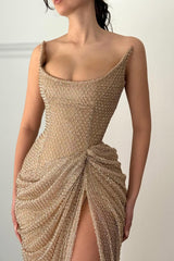 Chic Strapless Sleeveless Mermaid Prom Dresses High Split Sheath With Pleats-Ballbella