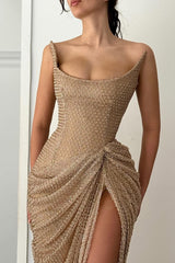 Chic Strapless Sleeveless Mermaid Prom Dresses High Split Sheath With Pleats-Ballbella
