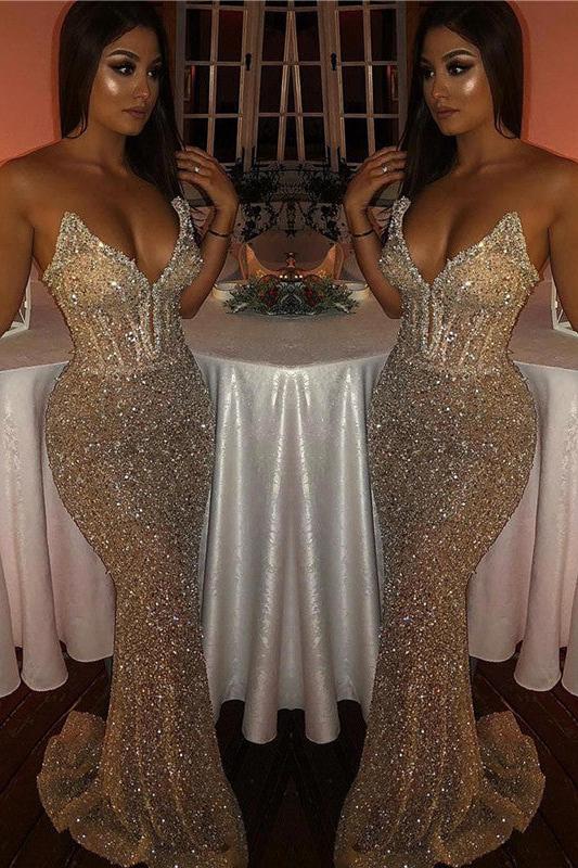 Chic Strapless Sleeveless Sweep Train Mermaid Prom Dresses-Ballbella