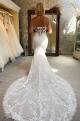 Chic Strapless Sweetheart Sleeveless Wedding Dresses Mermaid Sequins Lace Open Back Sheath On Sale-Ballbella