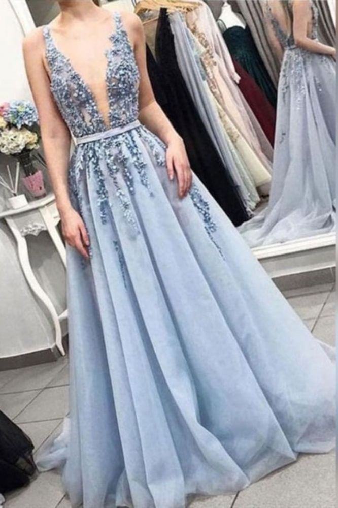 Chic Straps Deep V-neck Long Prom Party Gowns| Exquisite Lace Beading Blue Prom Gown-Ballbella