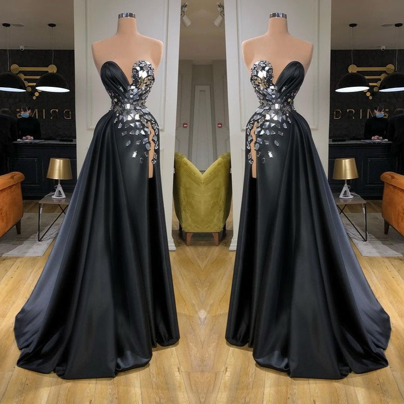 Chic Sweetheart Crystal Long Prom Dress With Split Online-Ballbella