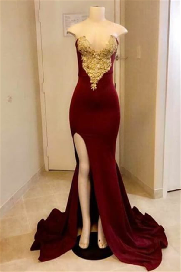 Wanna Prom Dresses in Mermaid style,  and delicate Appliques work? Ballbella has all covered on this elegant Chic Sweetheart Mermaid Prom Dreses with High split Velvet Gold Appliques Side Slit Evening Dresses yet cheap price.