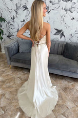 Chic Sweetheart Satin Spaghetti-Straps Sleeveless Wedding Dresses Sequins Lace-Up Back High Slit With Beads Flower-Ballbella