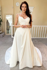 Chic Sweetheart Satin Straps Sleeveless Wedding Dresses High Slit A-Line With Buttons-Ballbella