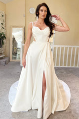 Chic Sweetheart Satin Straps Sleeveless Wedding Dresses High Slit A-Line With Buttons-Ballbella