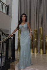 Chic Sweetheart Spaghetti-Strap Sleeveless Mermaid Prom Dresses Sheath With Lace-Up Back-Ballbella