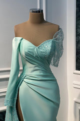 Chic Tiffany V-Neck Off-The-Shoulder Satin Sequins Prom Dresses Mermaid With High Split-Ballbella