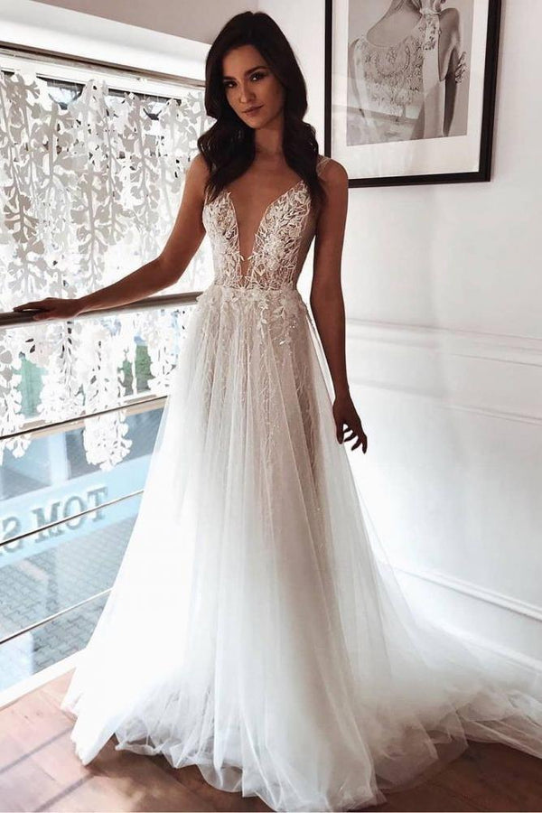 Chic Tulle A line Ivory Lace V neck Summer Beach Wedding Dress-Ballbella
