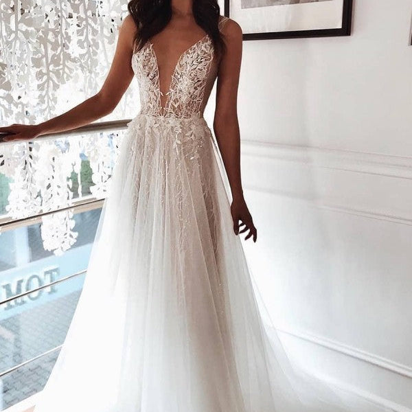 Chic Tulle A line Ivory Lace V neck Summer Beach Wedding Dress