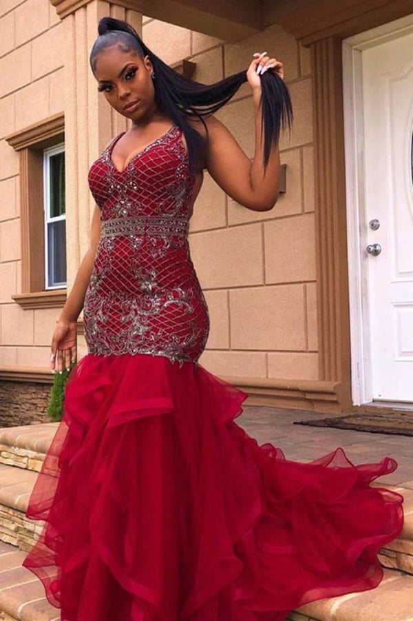 Ballbella offers Chic V-Neck Appliques Evening Gowns Mermaid Pufft Sweep Train Prom Party Gowns at a good price from Tulle to Mermaid Floor-length hem. Gorgeous yet affordable Sleeveless Prom Dresses, Evening Dresses.