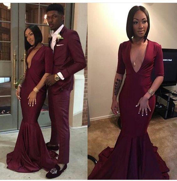 Ballbella offers Chic V-neck Burgundy Long Mermaid Prom Dresses with Sleeves at a cheap price from  to Mermaid Floor-length hem. Gorgeous yet affordable Half-Sleeves, Long Sleevess Prom Dresses, Evening Dresses.
