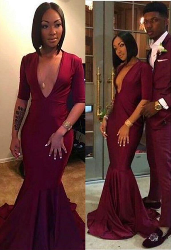 Ballbella offers Chic V-neck Burgundy Long Mermaid Prom Dresses with Sleeves at a cheap price from  to Mermaid Floor-length hem. Gorgeous yet affordable Half-Sleeves, Long Sleevess Prom Dresses, Evening Dresses.